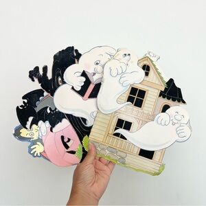 Vintage Double Sided Flocked Halloween Cut Out Wall Hangings Ghosts Haunted Hse